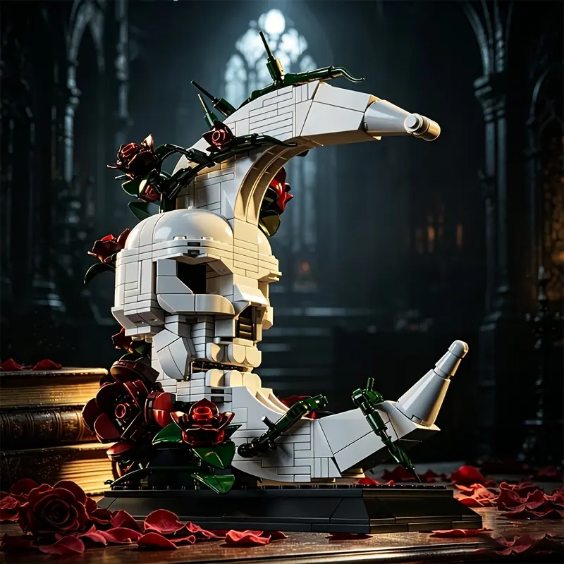 606pcs Gothic Moon And Skull Building Toy, Dark Style Crescent Moon with White Skull And Red Roses, Creative Display Model for Adults, Spooky Aesthetic Home Decor, Unique Art Gift