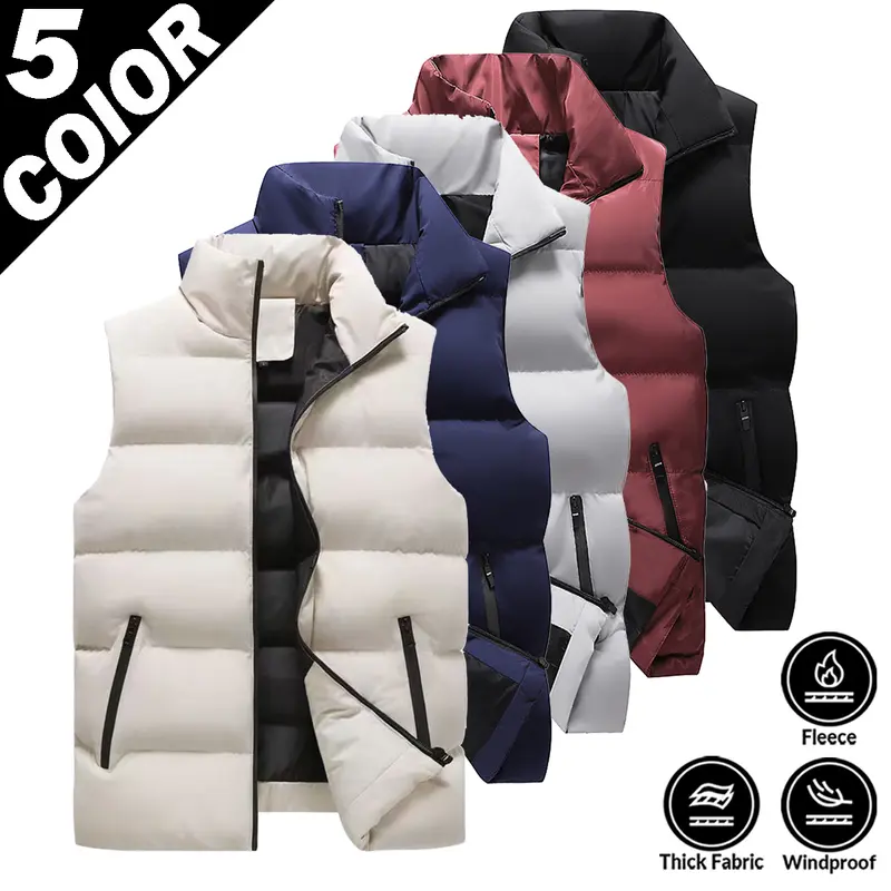 2026 New Menswear Men's Zip Waistcoats & Gilets - Polyester Stand-Up Collar Windproof Slim-Fit Warm Cotton Zip-Up Jackets, Autumn-Winter Outdoor Tops with Zipper