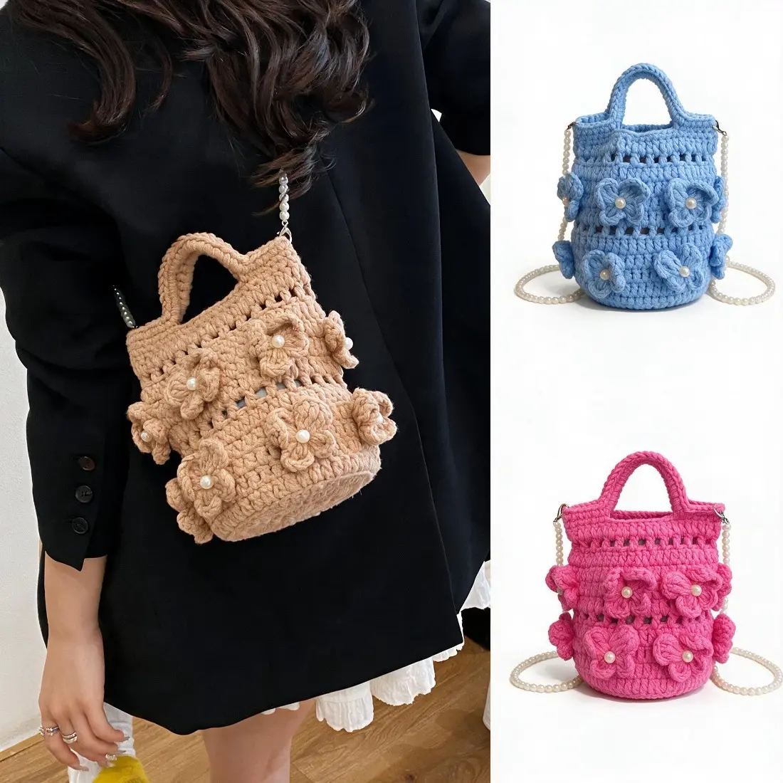 Women’s Crochet Crossbody Phone Bag - Mini Bucket Shape Woven Purse with Hollow-Out Design, Lightweight Boho Shoulder Bag for Summer Vacation, Daily Casual Use (Sports & Outdoor Accessory)