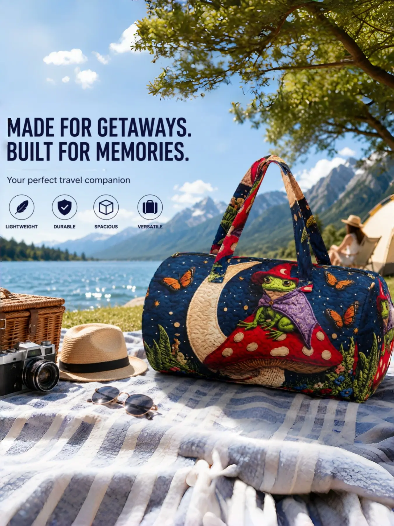 Night Sky Wizard Frog Mushroom Moon Duffle Bag, All-Over Print, Large Capacity, Smooth Zipper, Camping & Travel, Elegant Style, Travel Duffel Bags