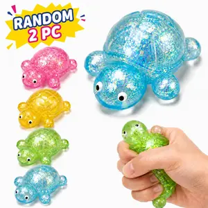 2 PCs Random Glitter Stress Relief Turtle Toys - Soft Sticky Glittery Turtle Squeeze Fidget Toys, Cute Malt Sugar Sensory Fidget Turtles for Adults Soothing Birthday Party Favors Gift