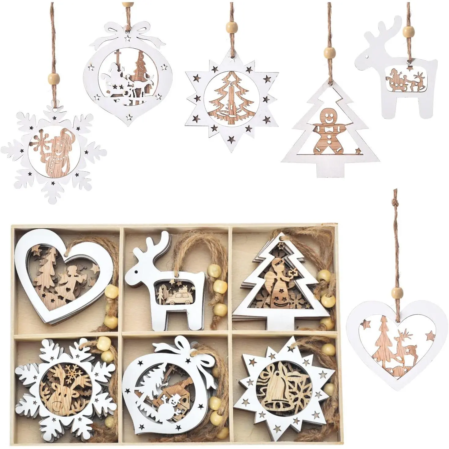 Christmas Tree Ornaments Set of 24 Wooden Craved  Craft Decorations for Winter Wonderland,  Rustic  Christmas Ornaments Holiday Decor for Christmas Tree  Office (White)
