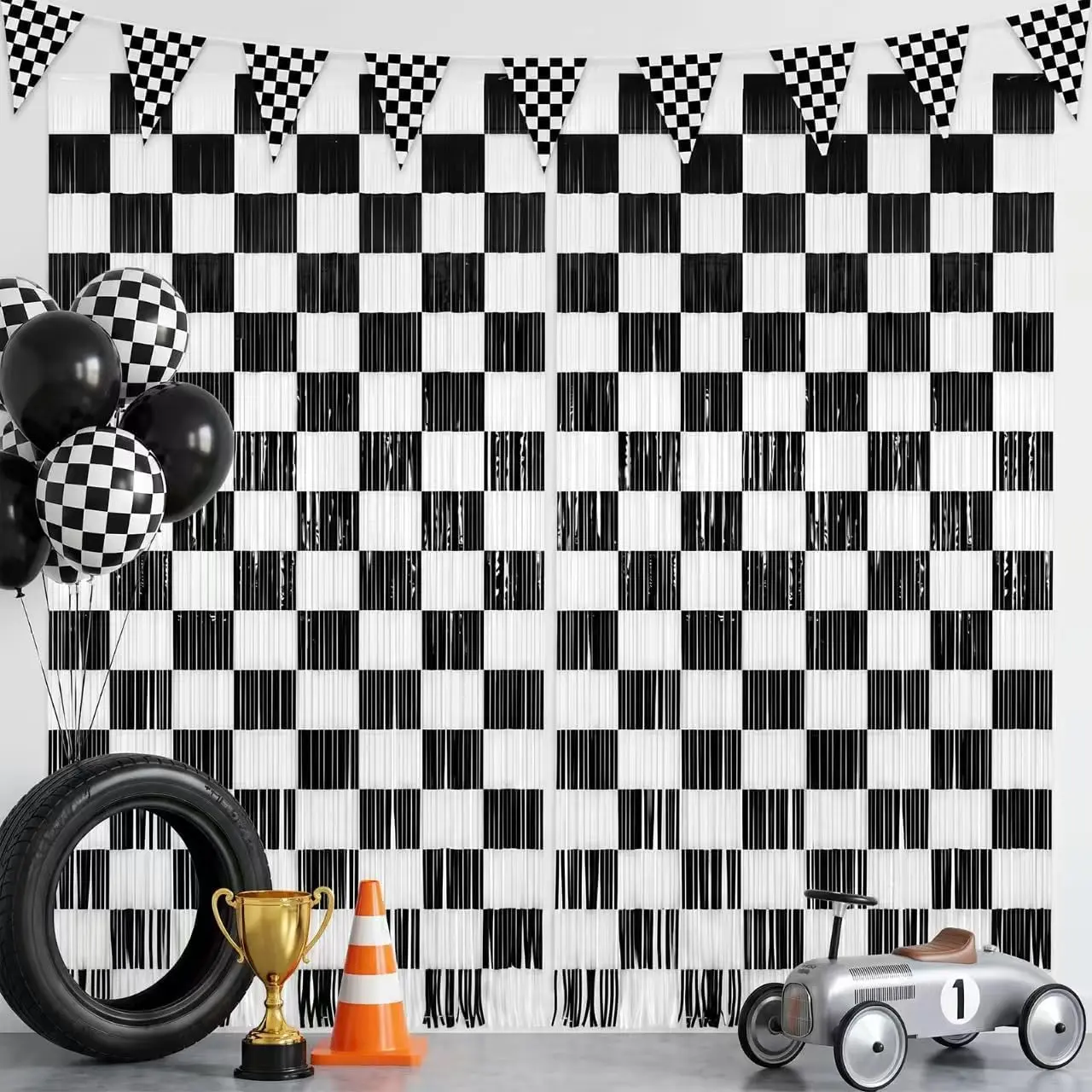 Race Car Fringe Curtains Black and White Checkered Party Backdrop Streamers