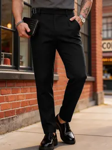 Men's High-Waisted Parisian Button Nine-Inch Suit Pants, Italian Pleat Cut, Wrinkle-Resistant, Business Casual, Pair with Shirt and Shoes