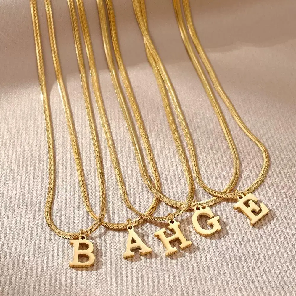 304L Stainless Steel Golden Necklaces, Unisex Statement Choker Initial Letter A-Z Pendant Necklaces Flat Snake Bone Chain Birthday Gift Party, Proms, Music Festivals Punk Jewelry