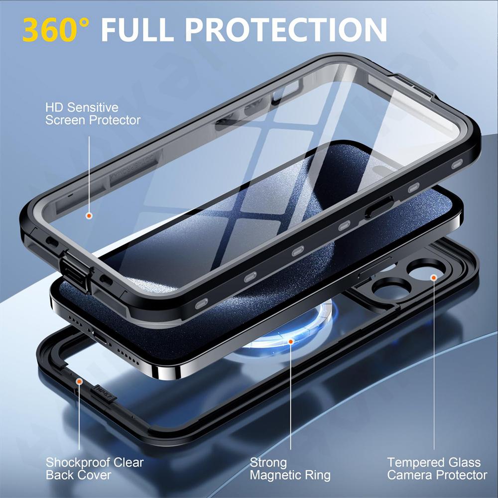 IP68 Waterproof Magnetic Case For iPhone 17 16 15 14 Pro Max Pro 13 Pro Max Protector Full Body Protective Dustproof Phone Case