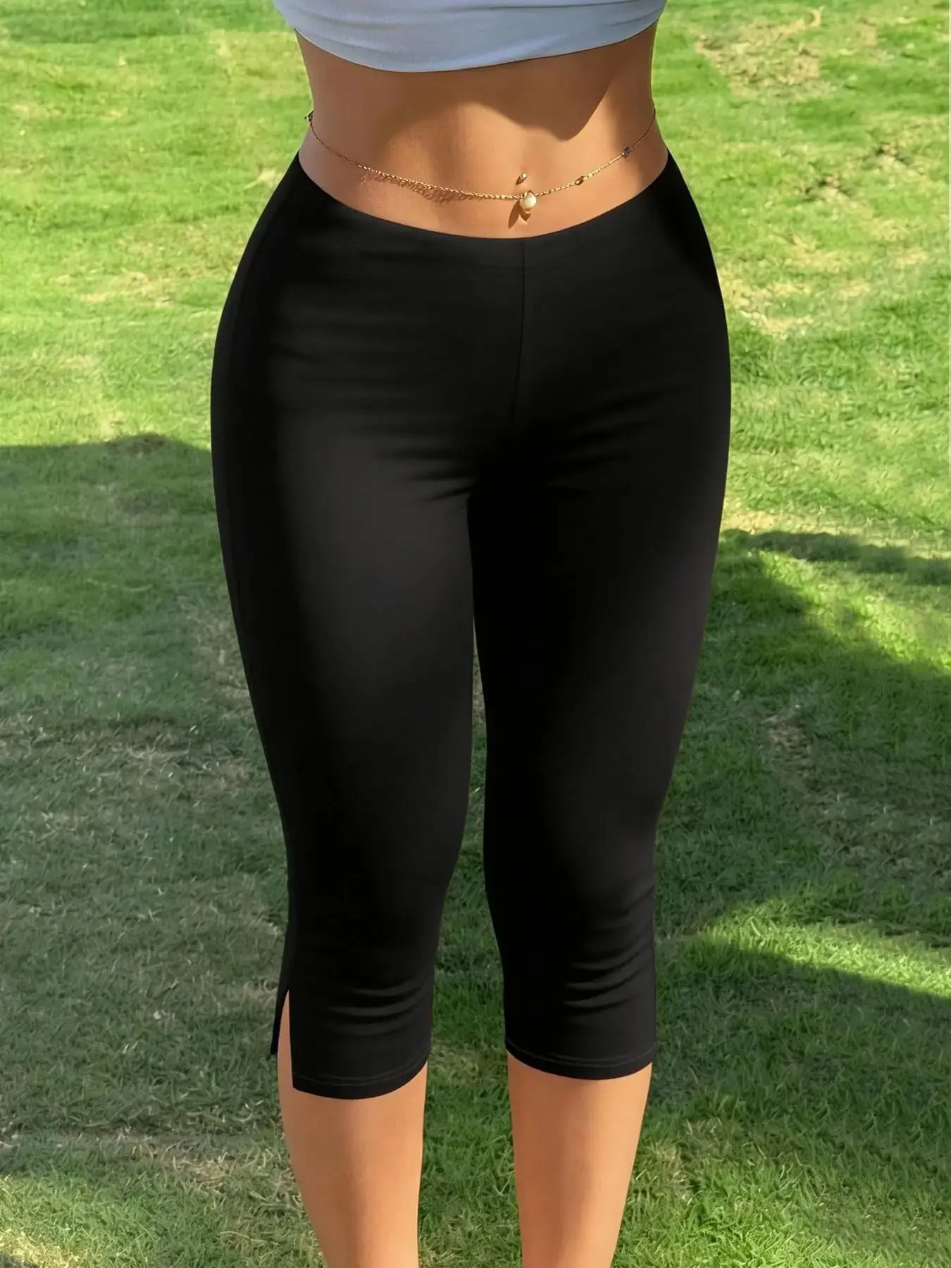 Y2K High-Waist Split Thigh Midi Pants, Sexy Slim-Fit Striped Leggings, Versatile Daily Yoga Vacation Wear, Stretchy Comfortable Design