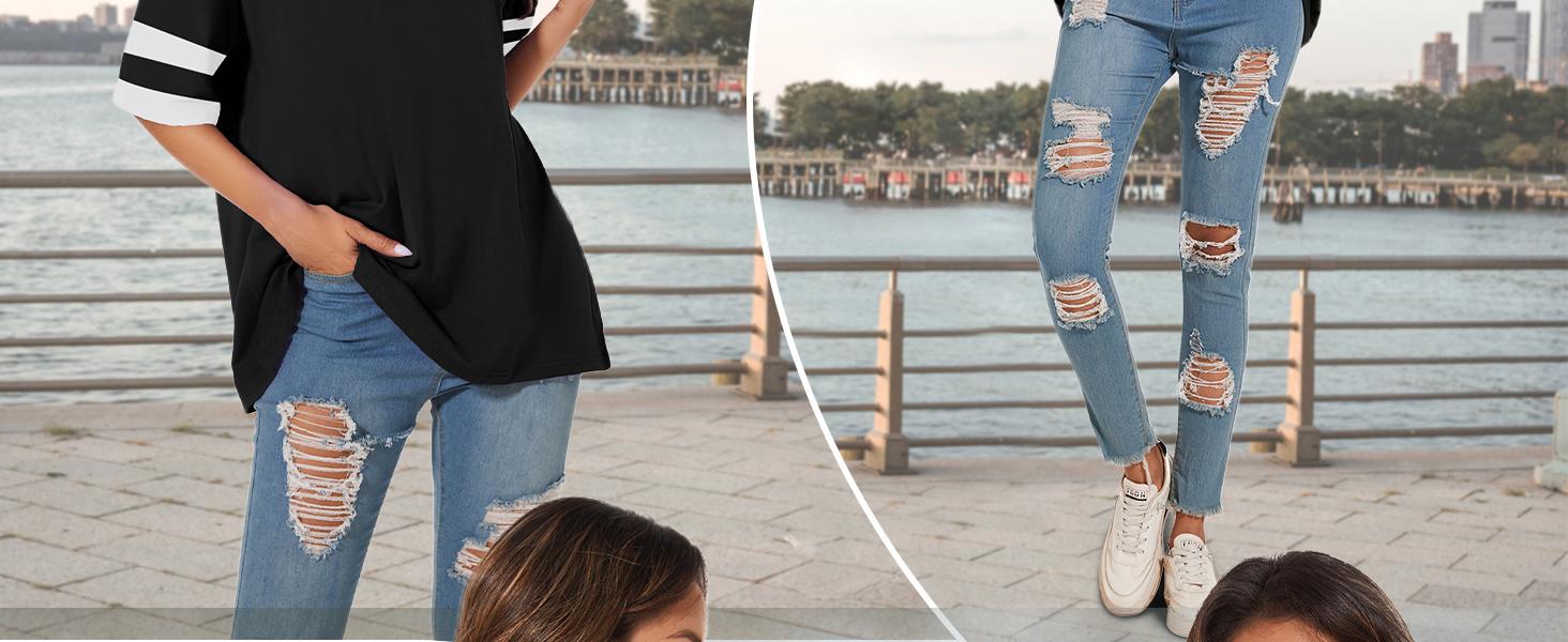 Women's Oversized T Shirts Round Neck Striped Tees Summer Half Sleeve Casual Comfy Cozy Cotton Tunic Tops