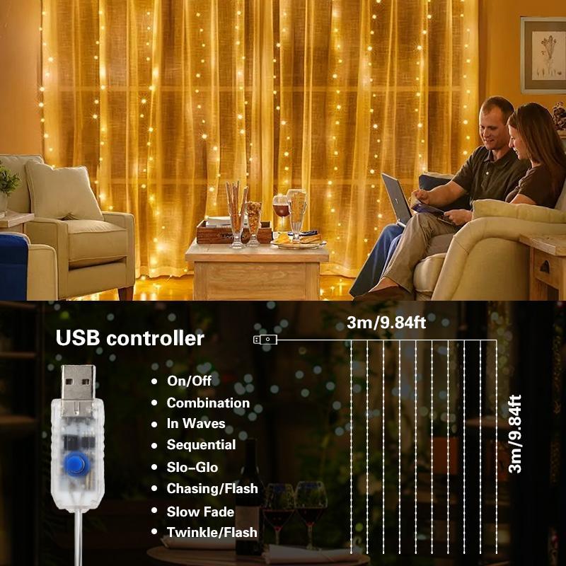 300led Fairy Curtain Light, USB Powered, 8 Flash Modes, Ideal for Windowsill, Bedroom, Wedding, Easter Decor, Indoor Outdoor Use, Curtain String Lights, Atmosphere Light, LED Decoration, LED Lighting