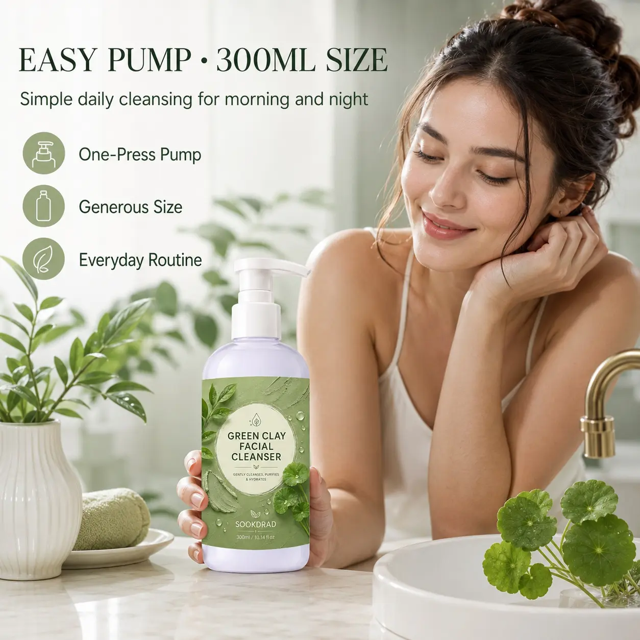 Green Clay Facial Cleanser, green clay, gently cleanses, purifies, hydrates, for face, 10.14 fl oz, 300ml