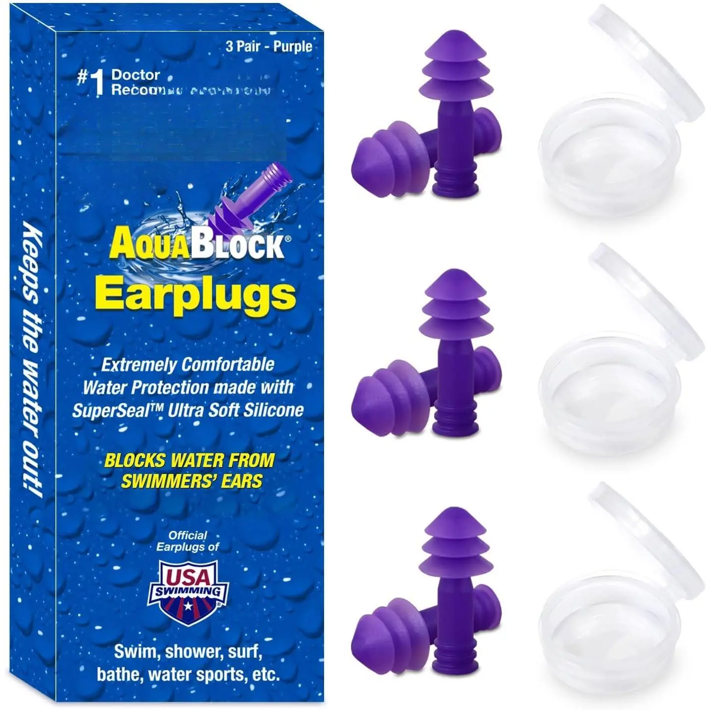AquaBlock Swimming Earplugs, 3 Pair - Comfortable, ,   Ear Plugs for Swimming, Snorkeling, Showering, Surfing and Bathing ()