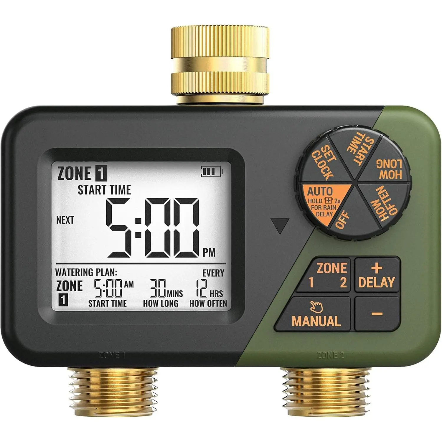Brass Body Sprinkler Timer - 2 Programmable Zones, IP66 Waterproof Single Unit, 2 Outlets, Large Display, Rain Delay & Manual Watering, Outdoor Garden Accessories for Garden Lawn Irrigation