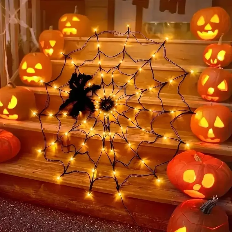 Halloween LED Spider Web with Spider Doll, 8 Modes, 70 Leds, Waterproof Battery Box, Indoor Outdoor Party Decor, Horror Theme Lighting, Halloween Decorations Outdoor