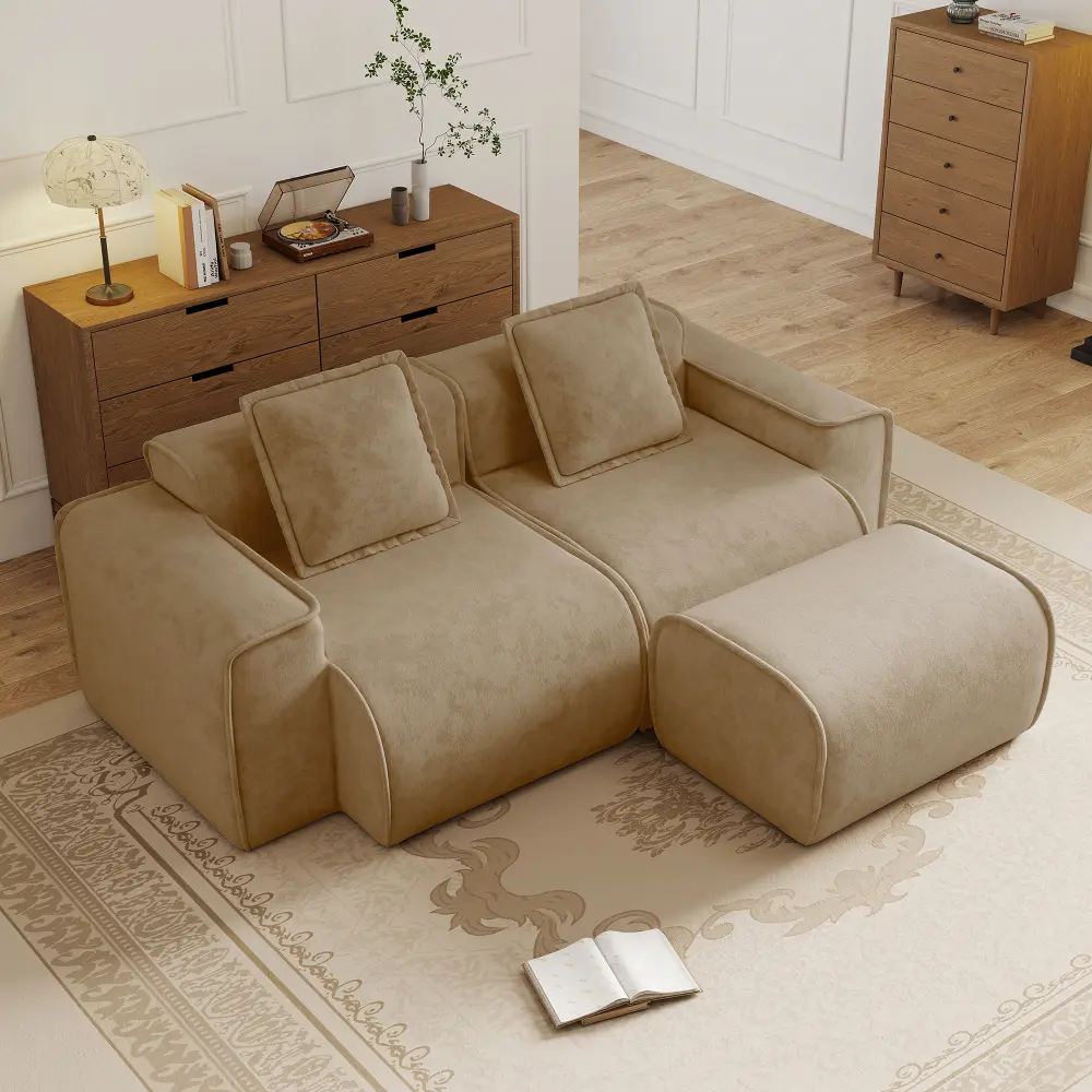 Velvet 2-Seat Modern Modular L-Shape Sectional Sofa - Oversized Boneless Cloud Couch with French Piping, No Assembly, Movable Ottoman, Throw Pillows, Comfy Lounge for Living Room, Apartment, Brown