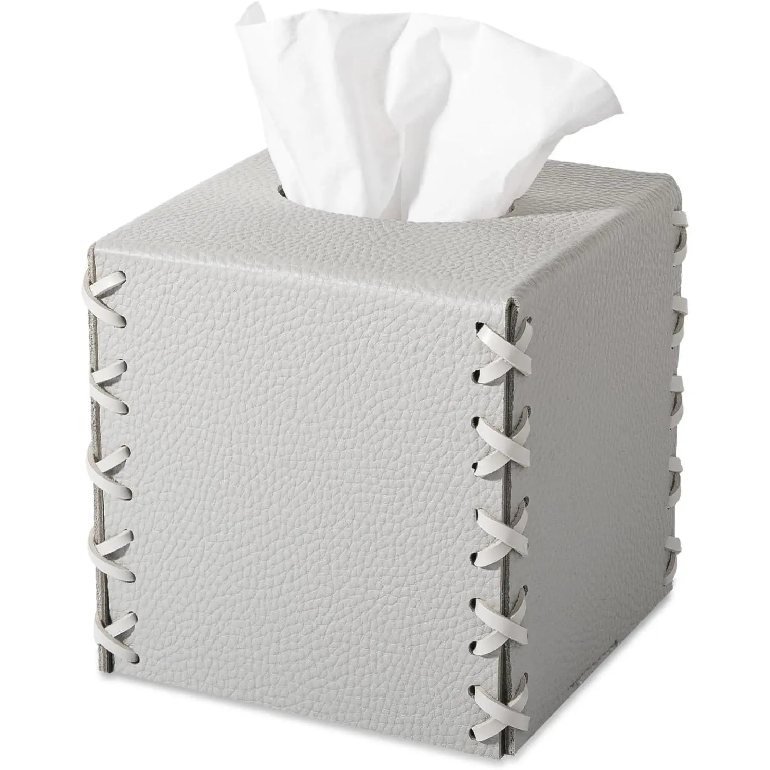 Tissue Box Cover PU Leather Tissue Holder Square Decorative  Decor Cube Boxes for Bathroom, Kitchen, Nightstand, Office Desk Essentials, Light Gray