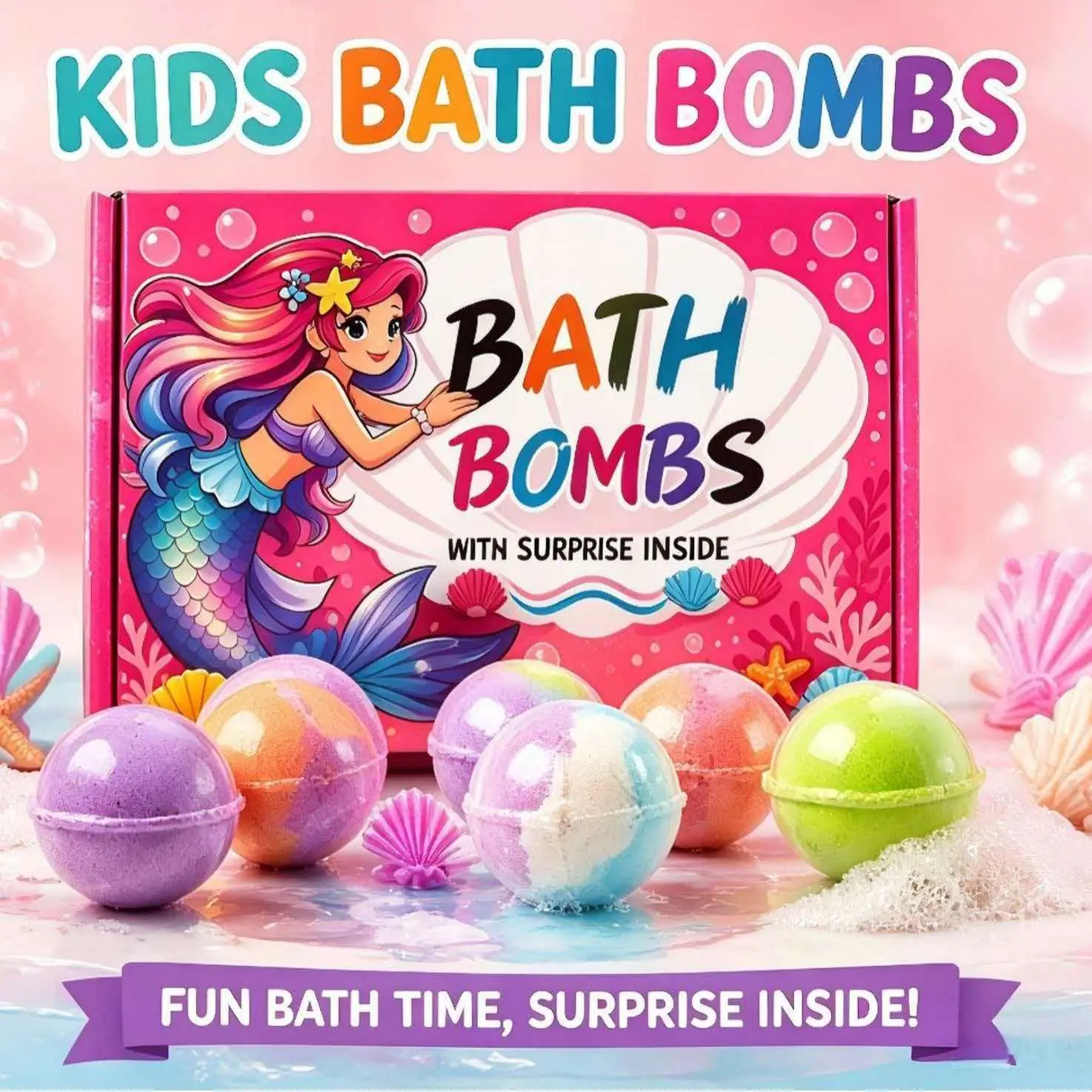 2026 New Ocean Mermaid Kids Bath Salt Balls, 12 Pieces with Essential Oils, Moisturizing, Soothing, Fun, Hidden Toys, Body Care, Best Gift for Children, 60g*12