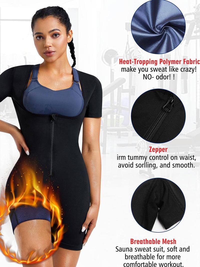 Women's Solid Zip Up Short Sleeve Open Bust Shapewear Bodysuit without Bra, High Stretch Seamless Sweat Sauna One Piece Shaper, Tummy Control Butt Lifter, Ladies Shapewear for Workout Gym Exercise