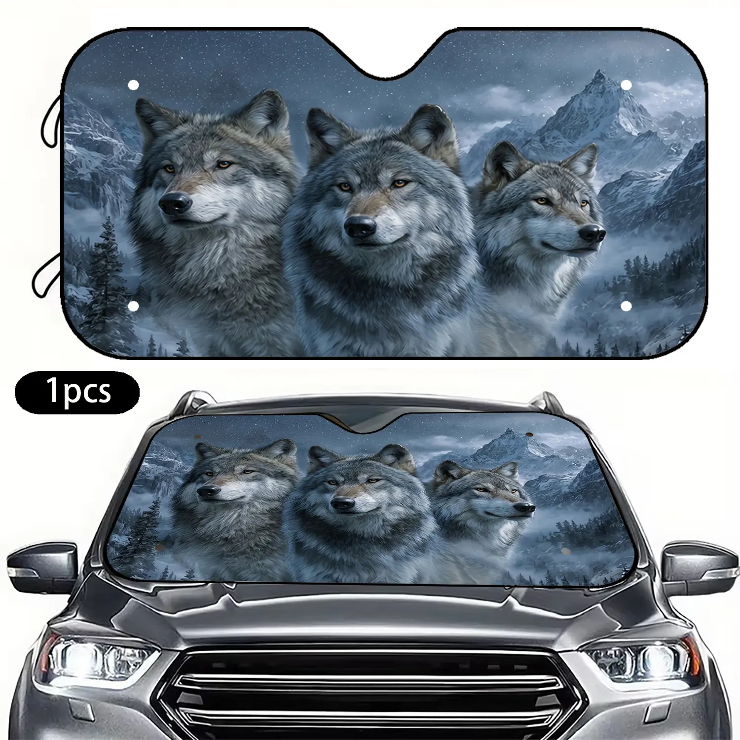 1pc snow wolf themed car sunshade, foldable storage, keeping the car cool, easy to install, used for daily commuting, suburban self driving tours, long-distance driving, and various other car front windshield usage scenarios.