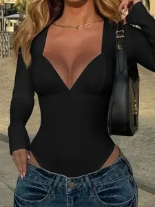 Women's Spring Summer Knitwear V Neck Long Sleeve Bodycon Dress, Casual Daily Wear, Fashionable Solid Color Design, Comfortable Fit, Basic