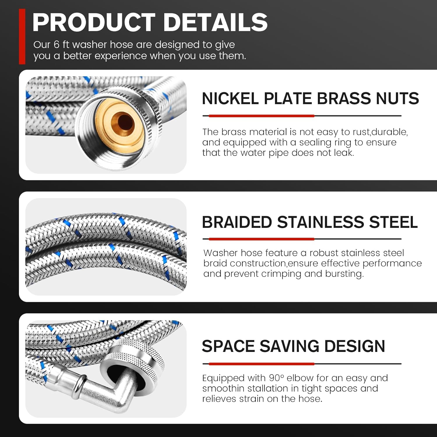 6Ft Stainless Steel Washer Hose with 90 Elbow by for Washers - 2 Pack Burst Proof Red and Blue Braided Hoses for Hot and Cold Water - 10 Warranty 6Ft Stainless Steel Washer Hose with 90 Elbow by for Washers - 2 Pack Burst Proof Red and Blue Braided Hoses for Hot and Cold Water - 10 Warranty