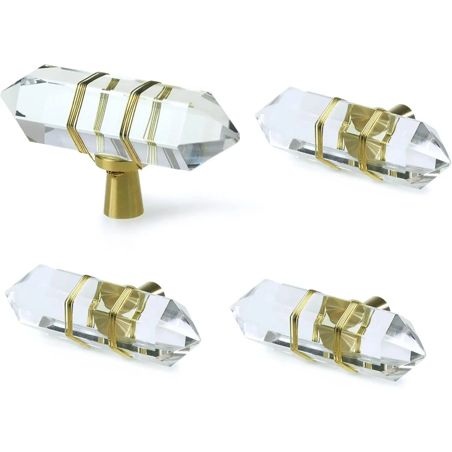4 Pack Hexagonal  Knobs Wire Wrapped Glass Brass Drawer Pull Cabinet Handle  Furniture Hardware for Dresser Kitchen (Clear)