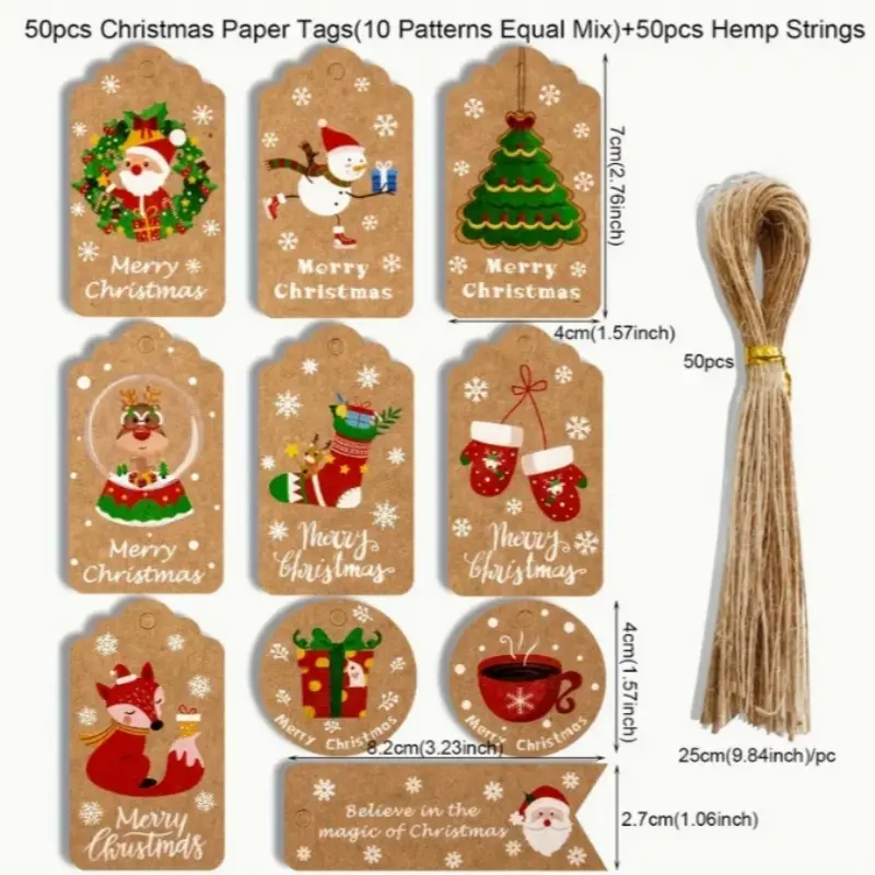 50-Piece Christmas Gift Tags Set with String, Hand-Drawn Santa Claus & Fox Design, Paper Holiday Labels for Party Decoration