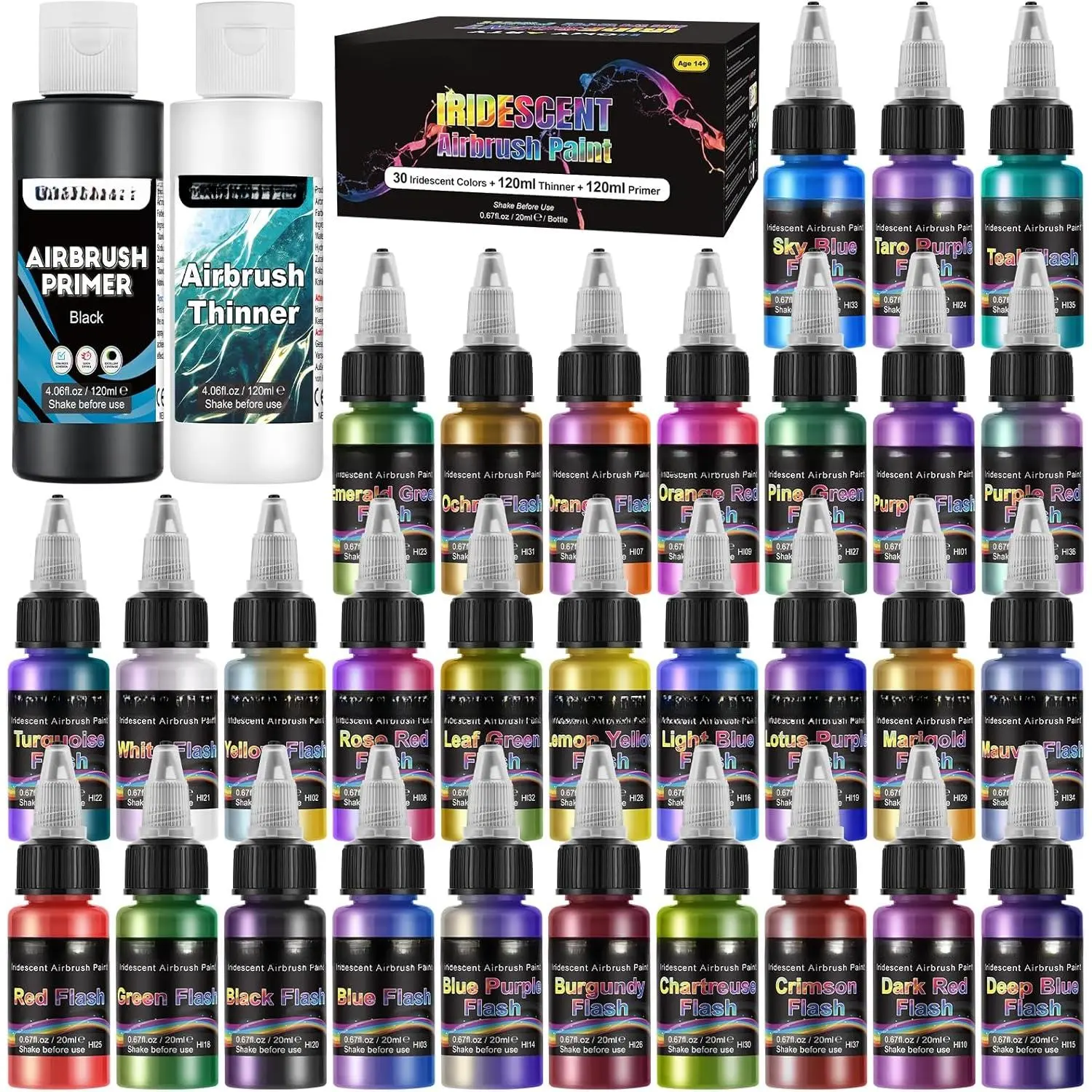 Iridescent Airbrush Paint - 30 Colors with 4.05 fl oz Thinner and 4.05 fl oz Primer, Ready to Spray Acrylic Airbrush Paints, Water-Based Iridescent Air Brush Colors for Plastic Model, Canvas