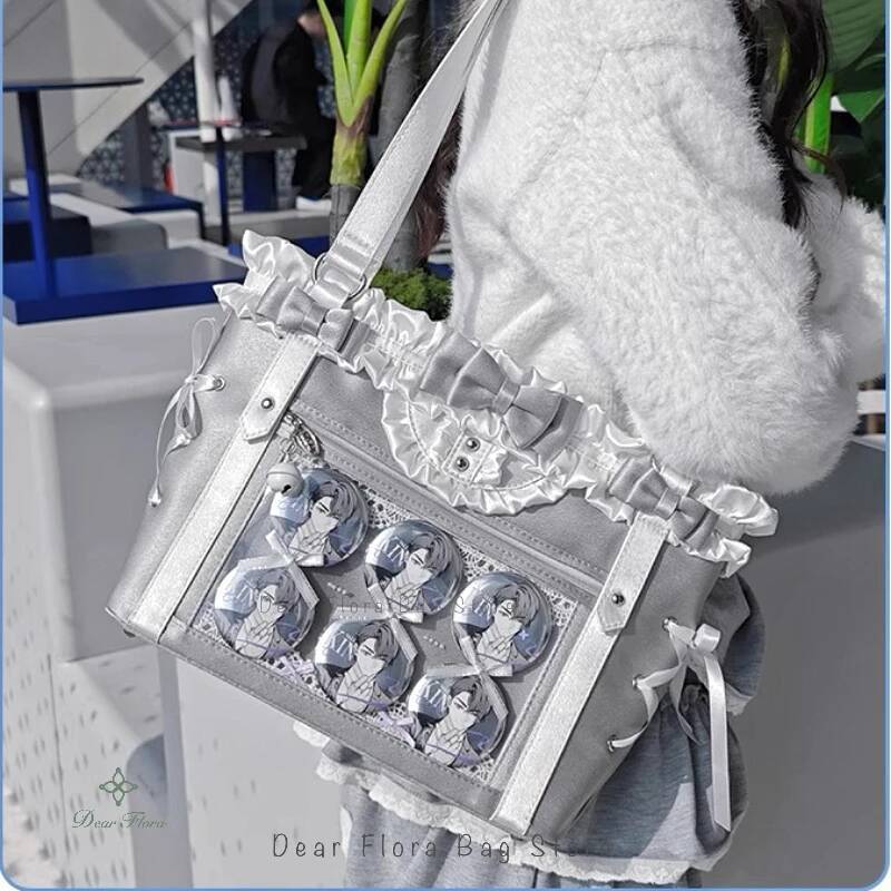 Japanese Sweet Women Ribbon Ita Bag Fashion Large Capacity Tote Bag Aesthetic Shoulder Bag Cute Lolita Girl Transparent Handbags