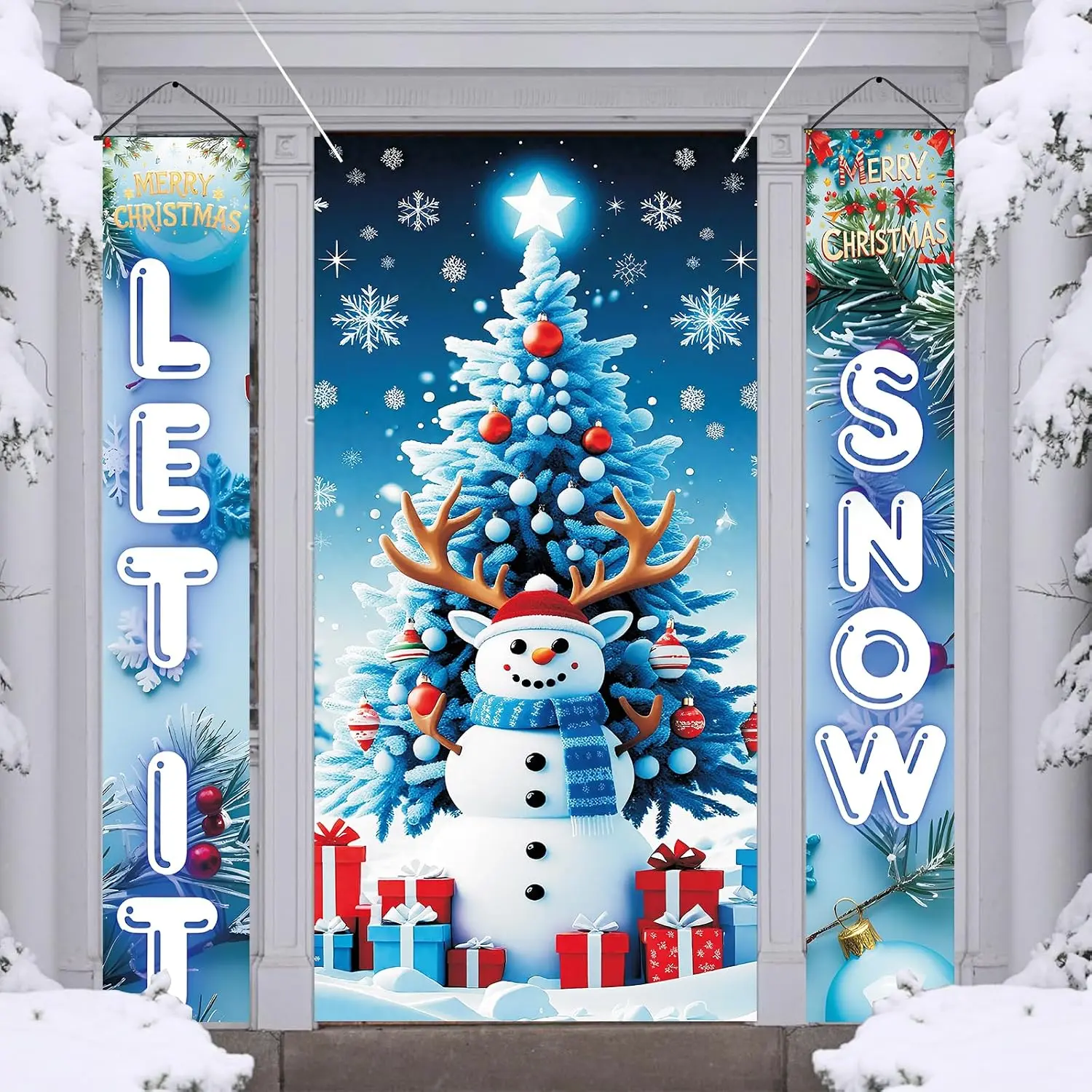 3 count Christmas Door Cover and Door Banners Set, Merry Christmas Decorations Outdoor Indoor, Xmas Porch Door Sign, Christmas Door Decorations for , Wall, Front Door, Yard, and Garage Holiday Party Decor