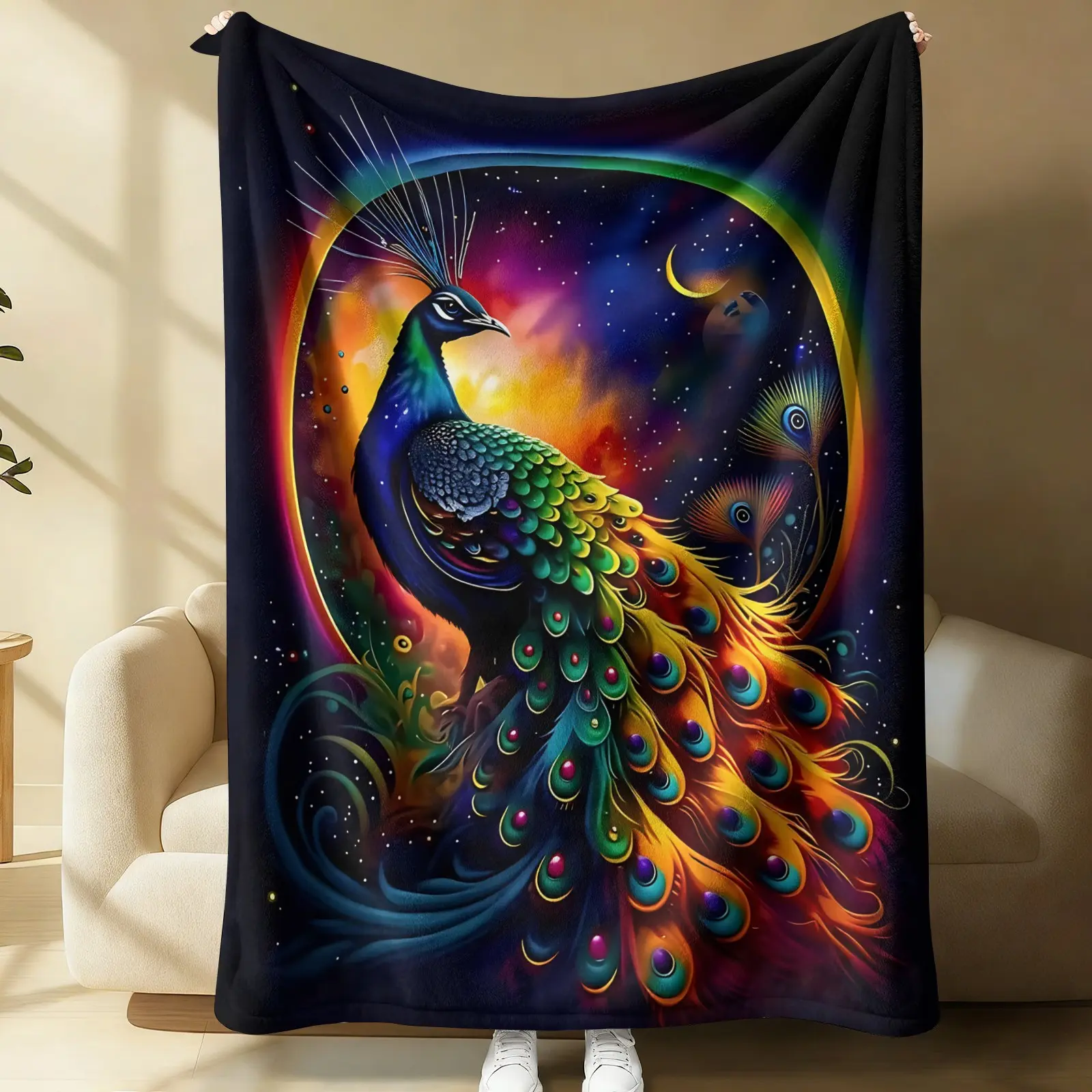 Psychedelic Universe Peacock Print Blanket, Ultra Soft Anti-Pilling Flannel, Warm Lightweight Breathable, All Seasons, Sofa Bed Bedroom Decor, Adult Gift