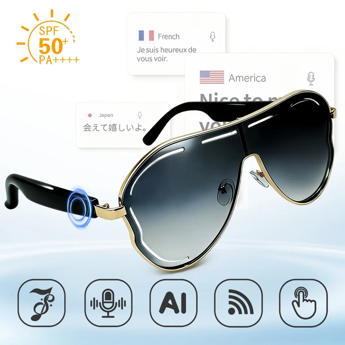 Real Time AI Translation Smart Glasses with UV Protection, Wireless Bluetooth Audio  Sunglasses with Hands Free Call & Voice Assistant, Magnetic Charging,  Remote Photo Control,  Unisex for Driving Travel Cycling Fishing Daily Outdoor Sports