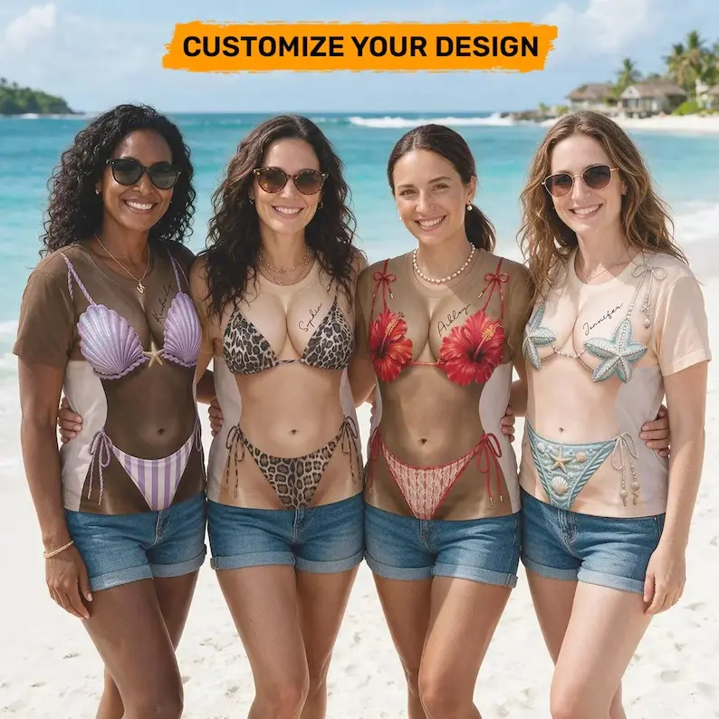Funny bikini t-shirt, summer ladies beach vacation t-shirt, 3D full-body printed bikini, gift for your girlfriend
