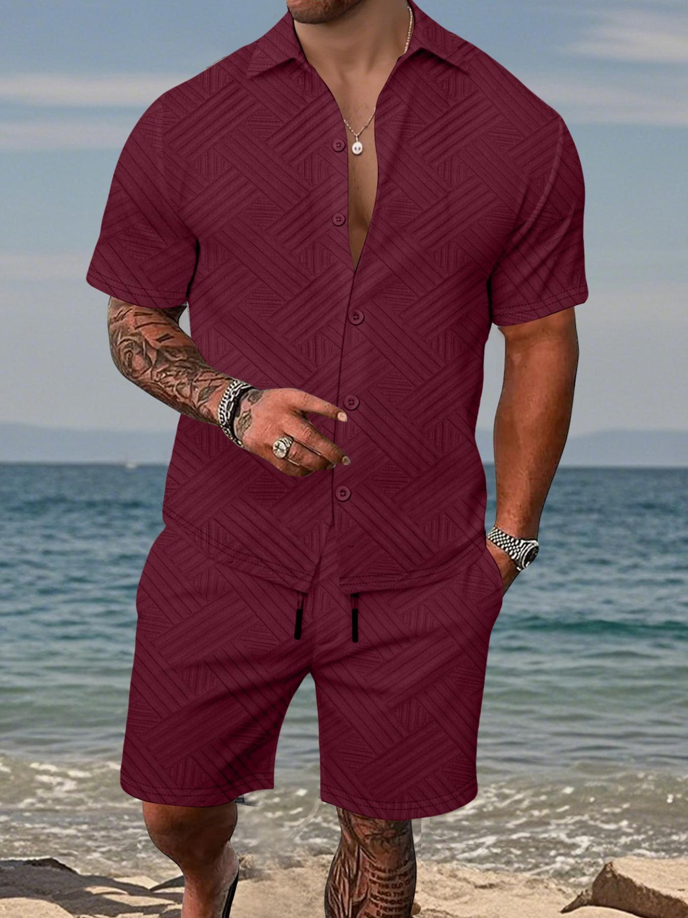 Men's 2-piece set:a short-sleeve button-up shirt paired with drawstring shorts. This summer outfit features a casual, Tropical textured diagonal stripe pattern, perfect for beach getaways, vacations, casual outings, and more—a men's stripe set.