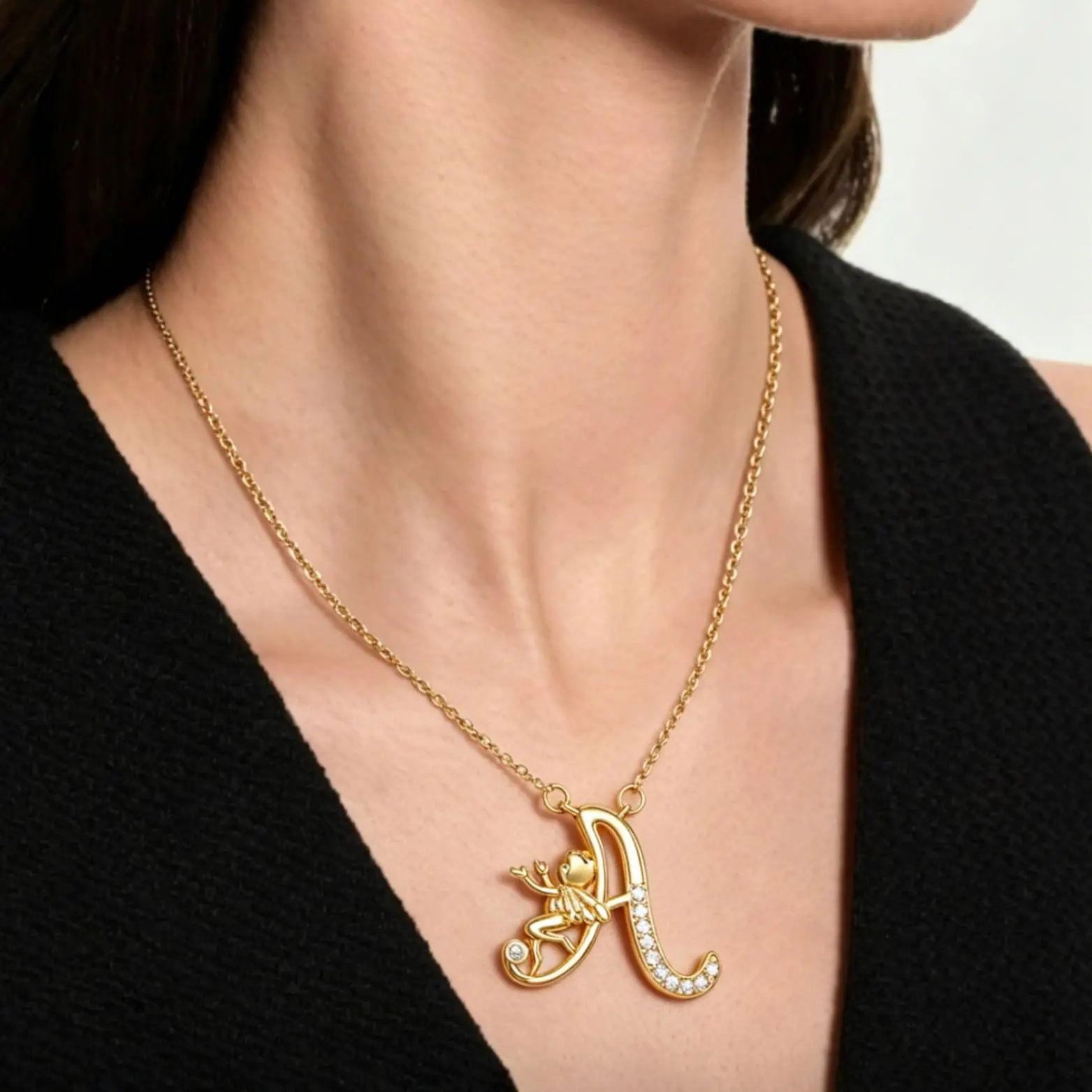 14K Gold Plated Initial Necklace for Women Men, Exquisite 26 Alphabets Letter and Angel Pendant Necklace Inlaid Shiny Cubic Zirconia A-Z Initial Pendant Cute Angel Name Monogram Jewelry Trendy Necklaces Gift