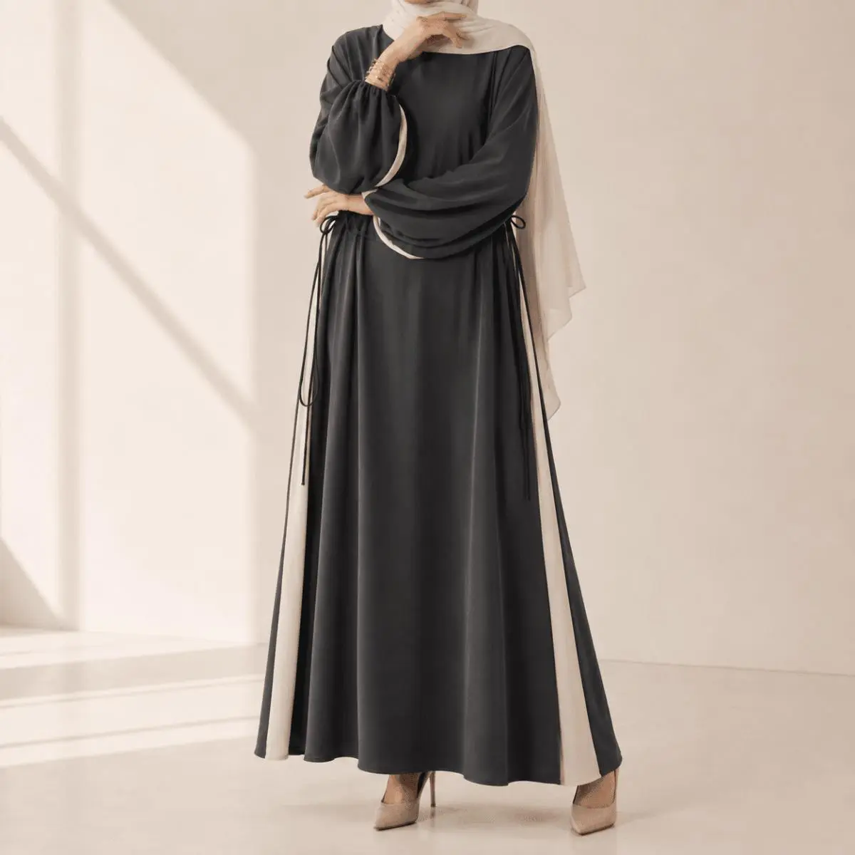 Women's Contrast Panel Long Sleeve Abaya (MA421) - Drawstring Detail, Balloon Sleeves, Summer Modest Muslim Outfits, Islamic Abaya Dress, Muslim Clothing, Muslim Prayer Abaya