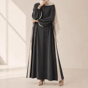 Contrast Panel  Abaya with Drawstring Detail & Balloon Sleeves(MA421)