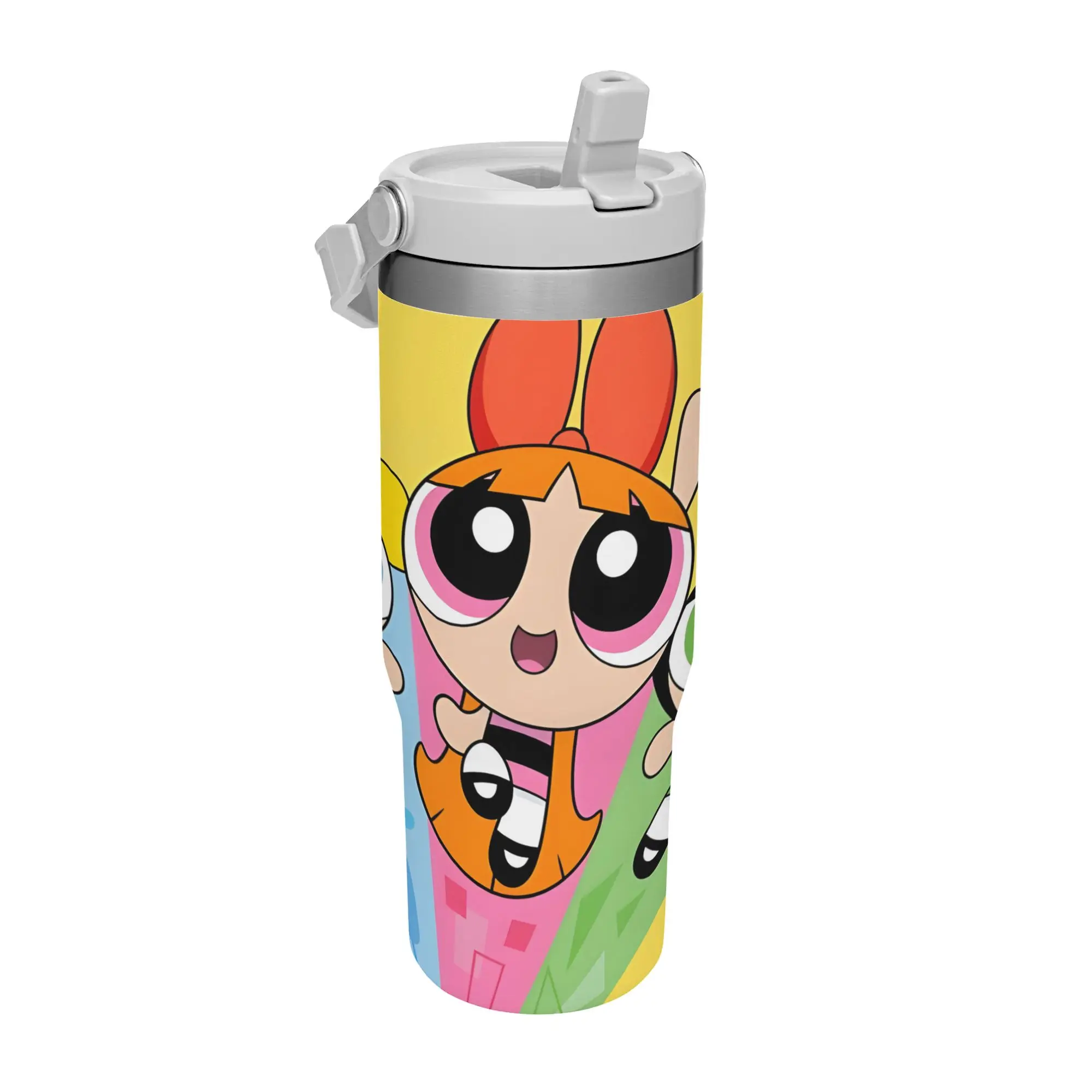 【Back to School】Warner Bros. The Powerpuff Girls Blossom Bubbles Buttercup Flip Straw Tumbler with Handle, 30oz Stainless Steel Vacuum Insulated Travel Mug, Leak Proof Spill Resistant Water Cup, Color Block Cartoon Character Design Reusable
