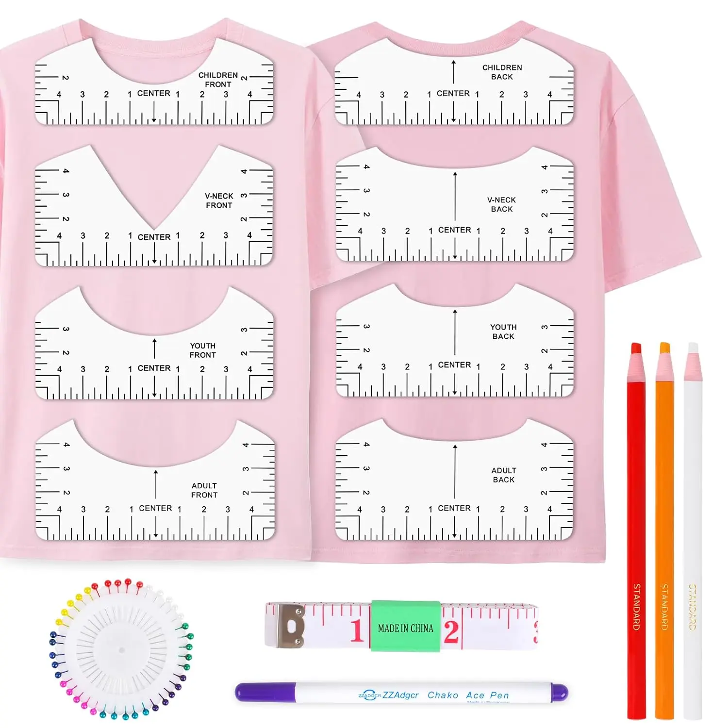 Tshirt Ruler 8P, White PVC Shirt Measurement Tool for Heat Press, V-/Round T-Shirt Ruler Guide with Soft Tape and Pens for for Alignment, Front and  Measurement