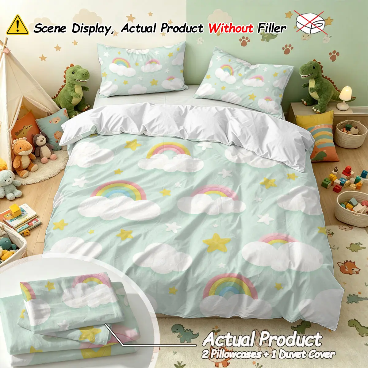 (1 Duvet Cover + 2 pillowcases, no filler),Childhood cloud print,Soft comfy polyester 3-piece Duvet Cover Set bedding set with vivid clear patterns, nice room decor and exquisite gift for home bedroom