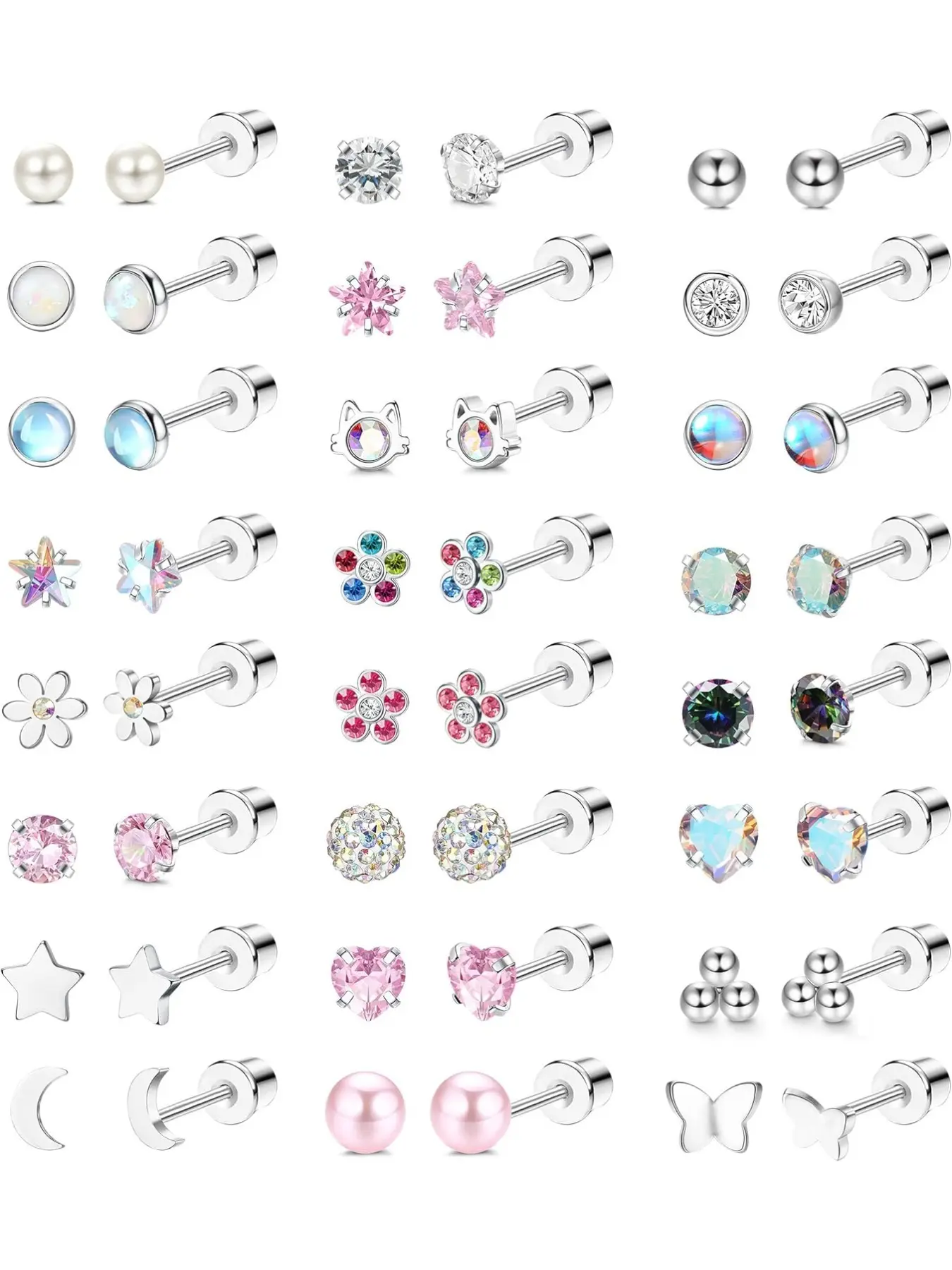 24 Pairs Hypoallergenic Earrings for Girls, Surgical Stainless Steel Studs, Cute Screw Back, Nickel-Free, Kids & Toddlers Jewelry, Screwback Earrings