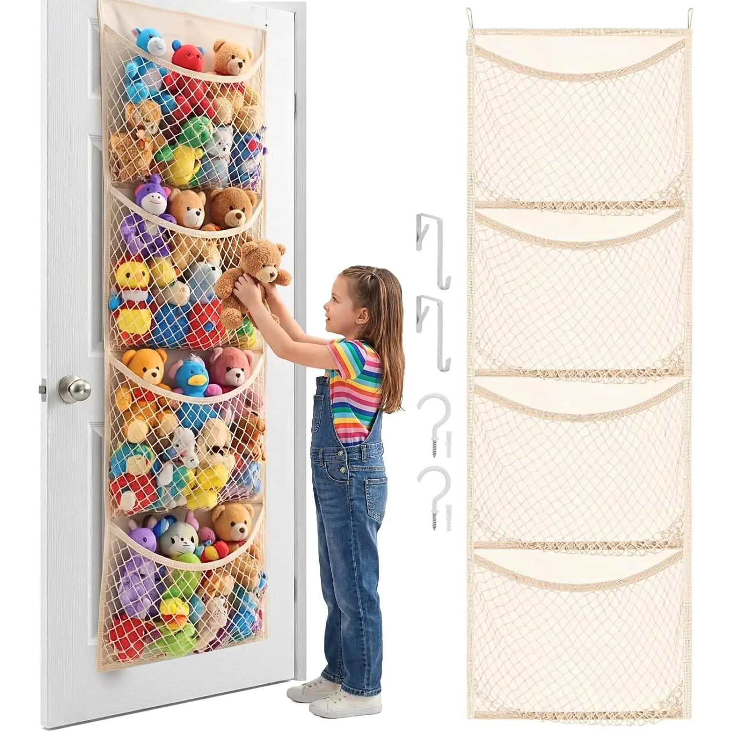 Cotton Over The Door Stuffed Animal Storage |   Toy Organizer for Storage Plush Toys, Stuffed Animal Holder with 4 Large Pockets, Hanging Door Organizer for Nursery