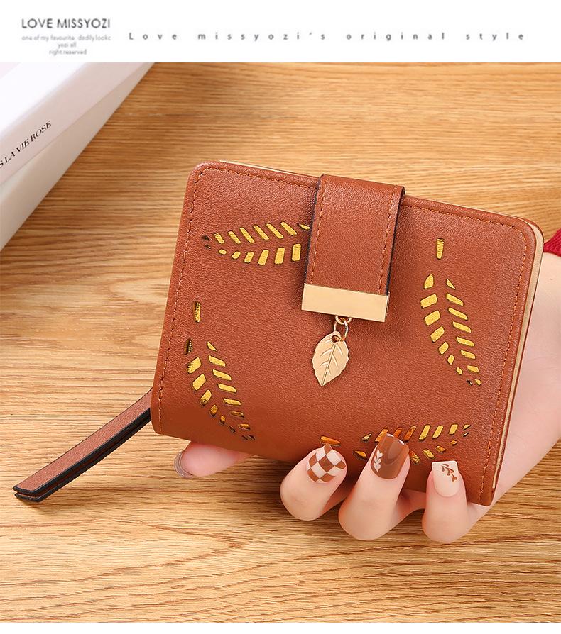 Leaf Short Wallet for Women Korean Style Hollowed Out Fashion Trend Change Zipper Card Bag PUCortical Embossed Leather Daily Matching