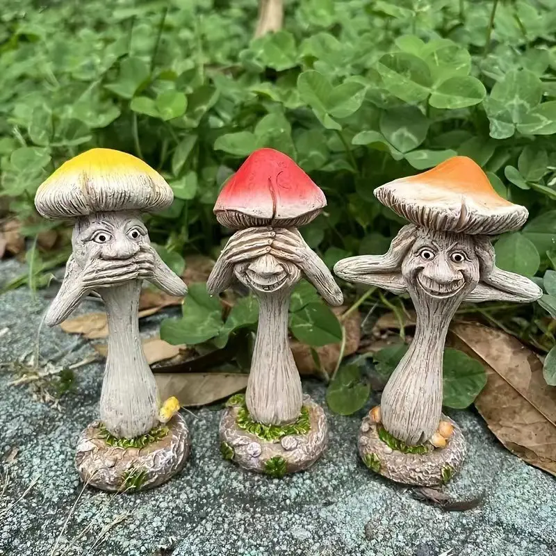 Set of 3 Resin Mushroom Sculptures, Fun Creative Decor for Outdoor Garden, Indoor Desk Art, Halloween Birthday Gift