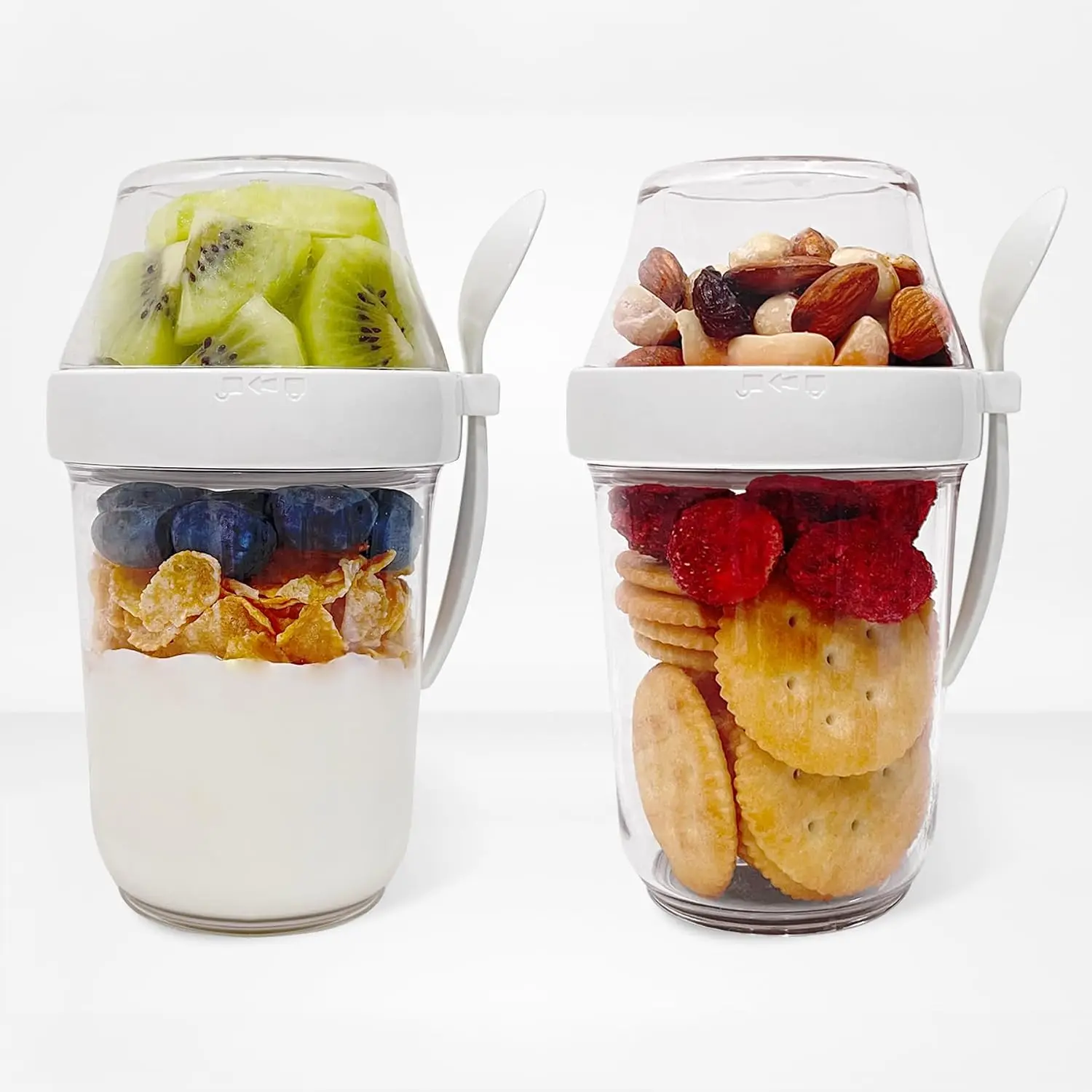 the Go Yogurt Parfait Snack Cup 12 oz with Spoon & Lid,  Leak Proof Granola Holder for To Go Breakfast Cereal Fruit Overnight Oats Container , Travel Hiking Camping (2, White)