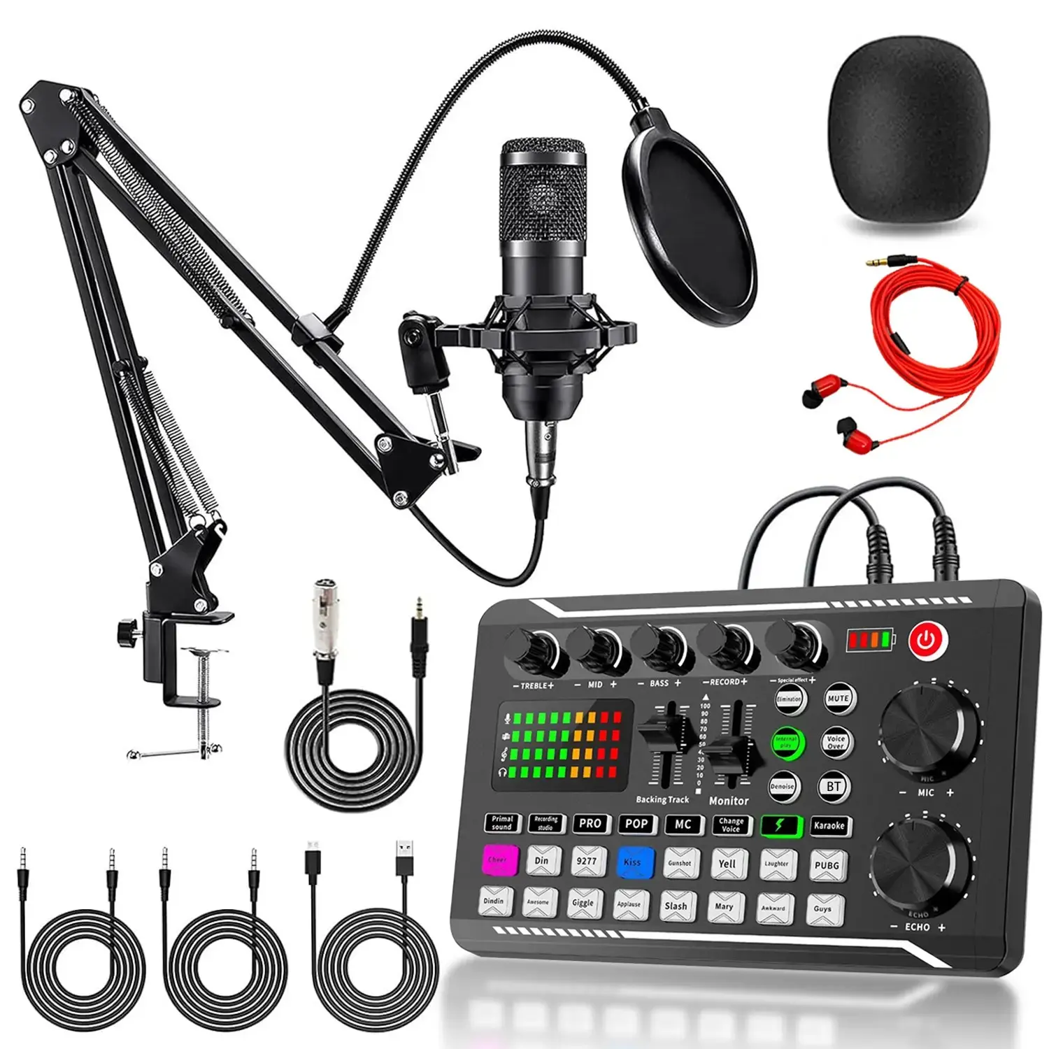 Live Streaming Sound Card Podcast Kit, Bm-800 Microphone Set, Wireless BT-compatible, Mixer with Audio Converter, for Phone/PC, Live Stream, Gaming, Singing, Blogging