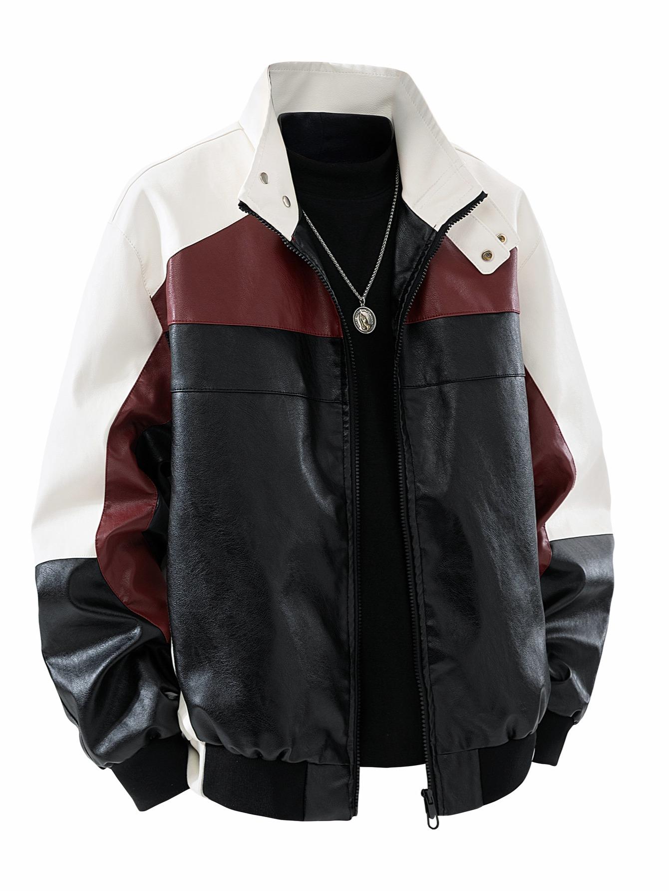 Men's winter new trendy color-blocked stand-up collar motorcycle jacket, PU leather racing suit, stylish oversized lapel coat SpringStatements
