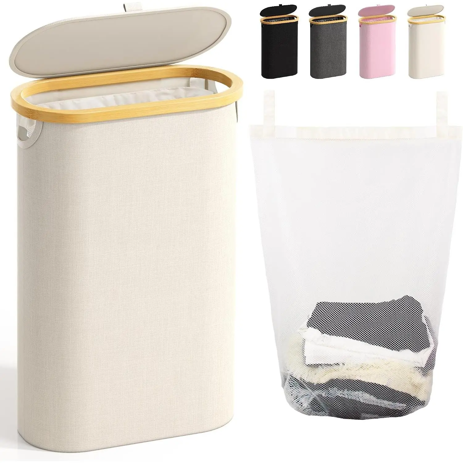 Slim Laundry Hamper with Lid, 60L Small Laundry Basket with Handles&Removable Bag, Thin Dirty Clothes Hampers for Laundry, Narrow Laundry Hampers for Bedroom Aesthetic, BeigeGift.