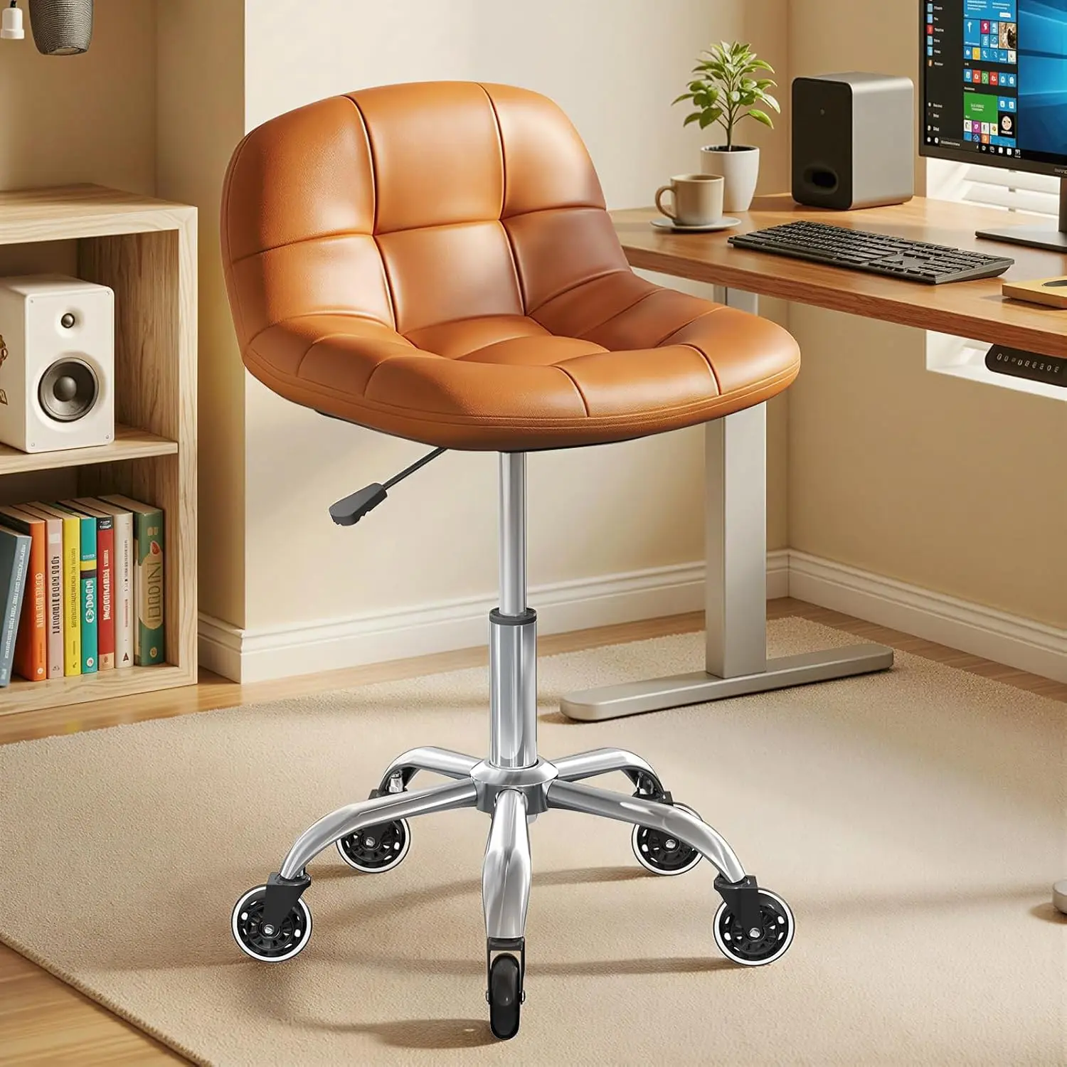 Camel PU Leather Rolling Stool Chair with Wheels - Height Adjustable, Back Support, Office Drafting Stool for Home Office, Salon Use, Drafting Chair