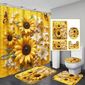 1/4pcs Sunflower Floral Bathroom Set - Vibrant Yellow-Green Sunflower Design, Includes Shower Curtain, U-Shaped Mat, Toilet Lid Cover, Suitable For Spring Decor, All Season Use, Polyester Material, Unlined, Bathroom Decor |   Sunflower Theme | Shower Curt