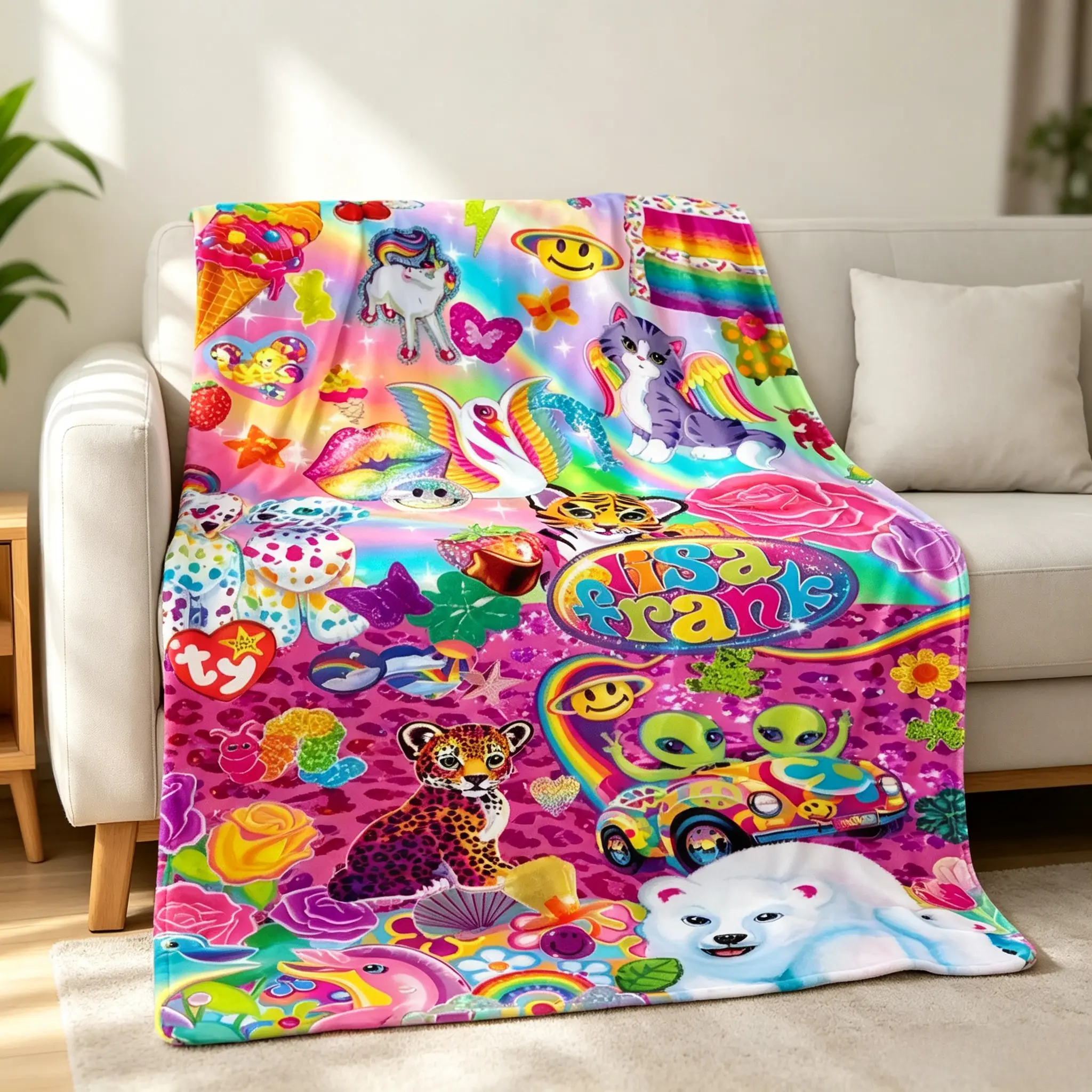Lisa Frank Print Flannel Blanket - Vibrant Cute Animal Rainbow Design, Soft Lightweight Throw for Sofa and Bed Decor